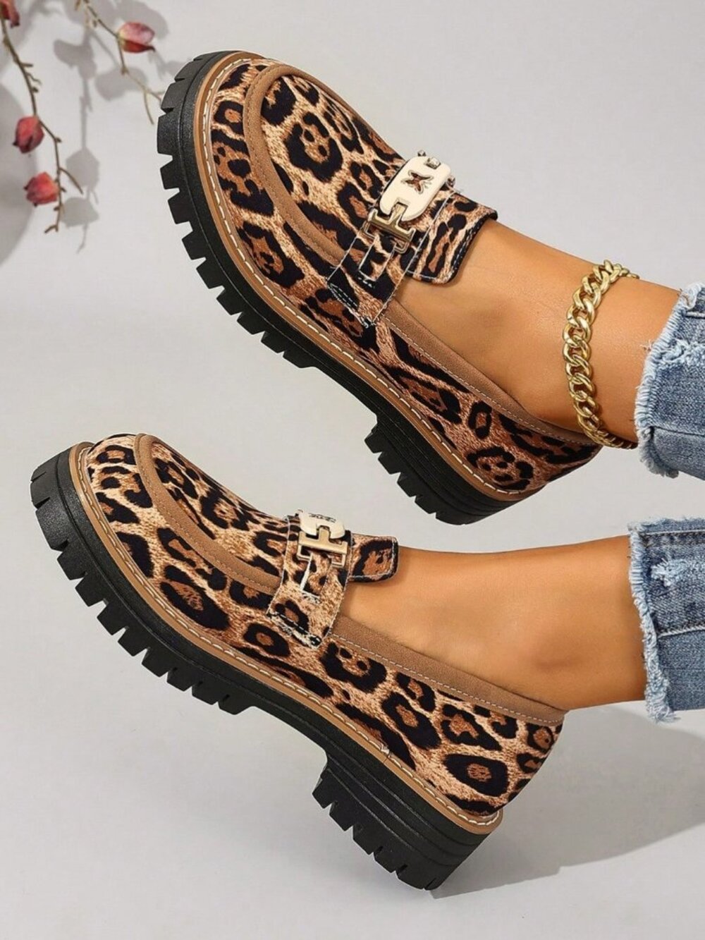 Brown Leopard Print Women's Metal Buckle Platform Loafers